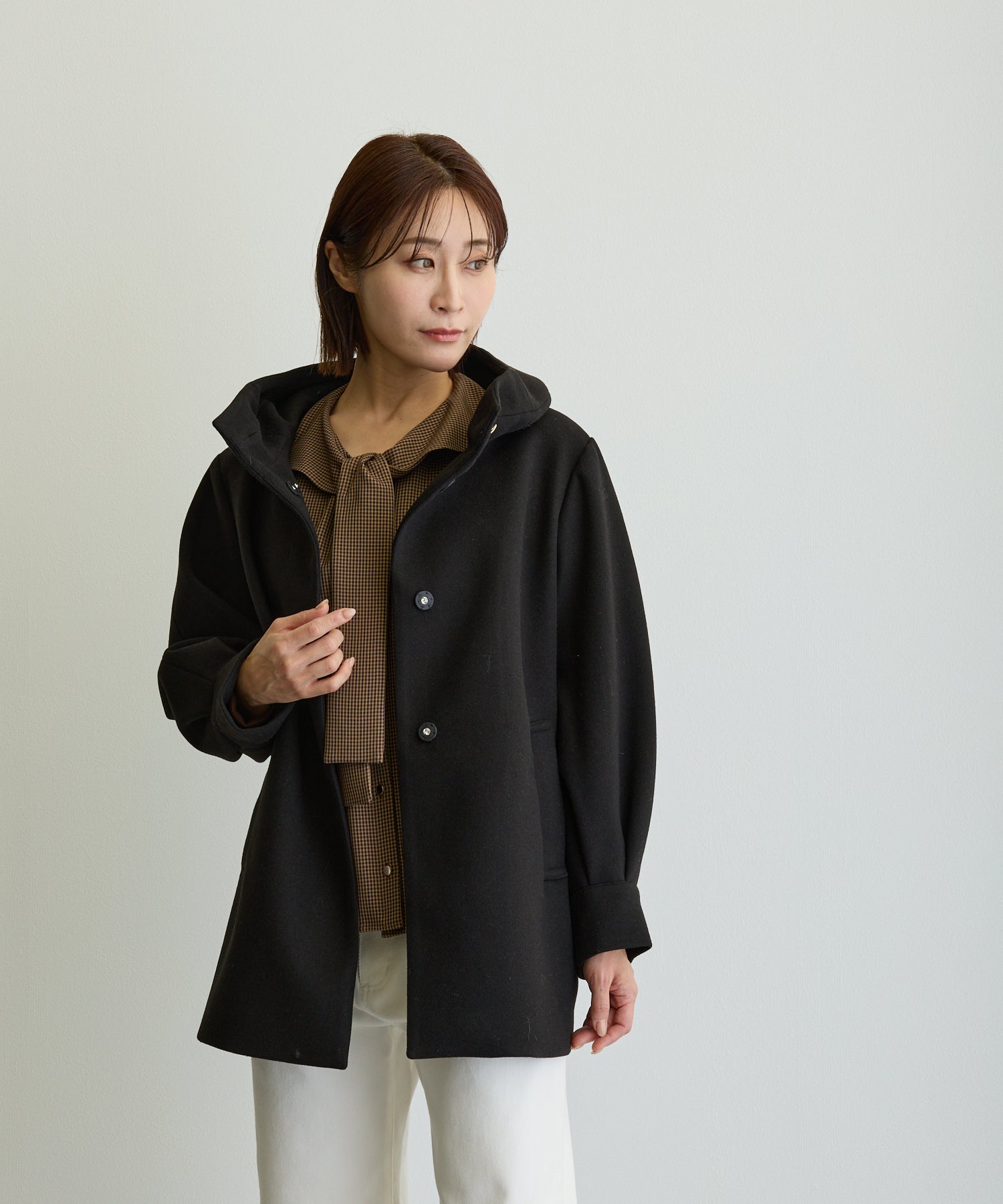 デザイン立体スタンドカラーミドルコート/ブラック【日本製