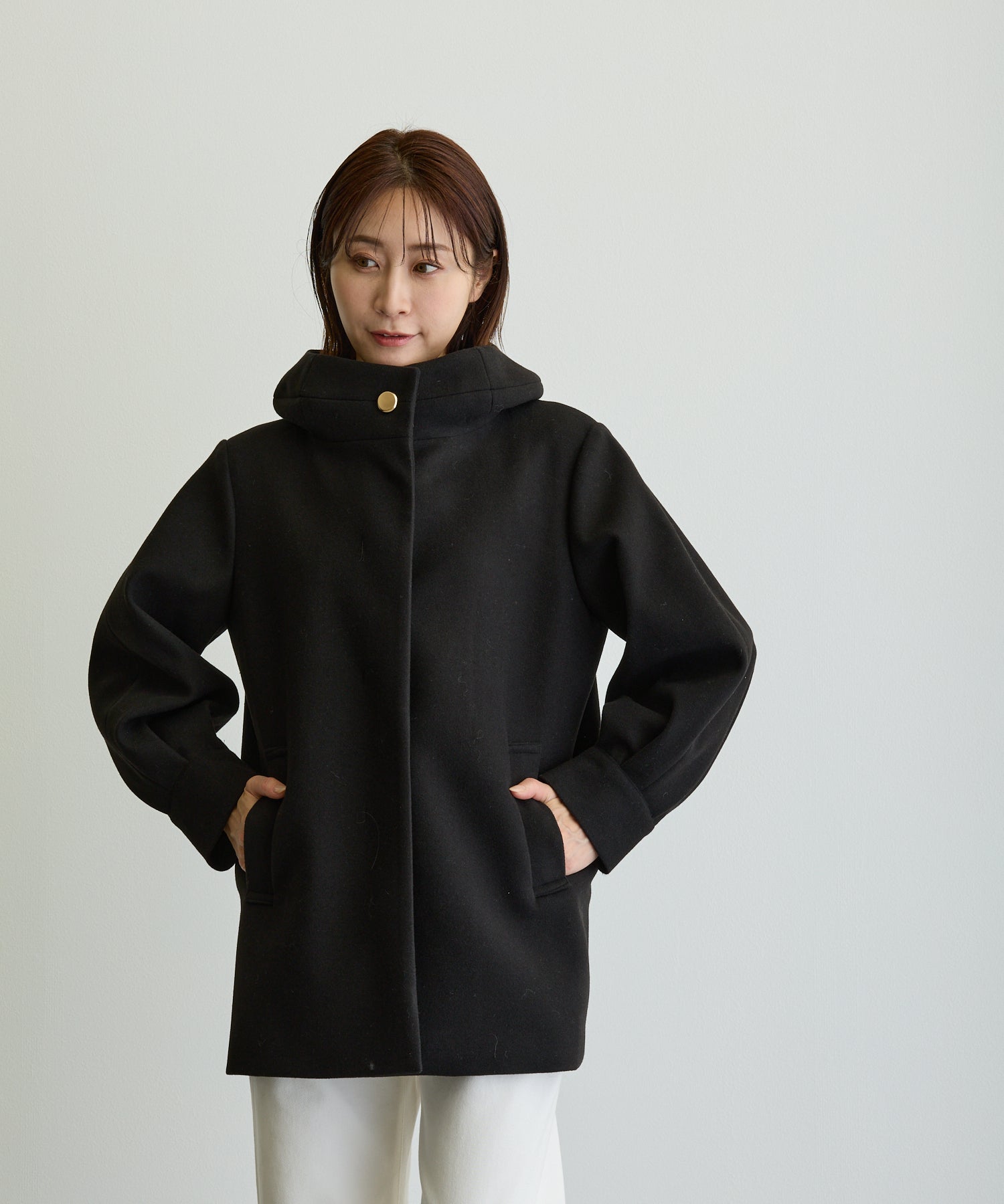 デザイン立体スタンドカラーミドルコート/ブラック【日本製