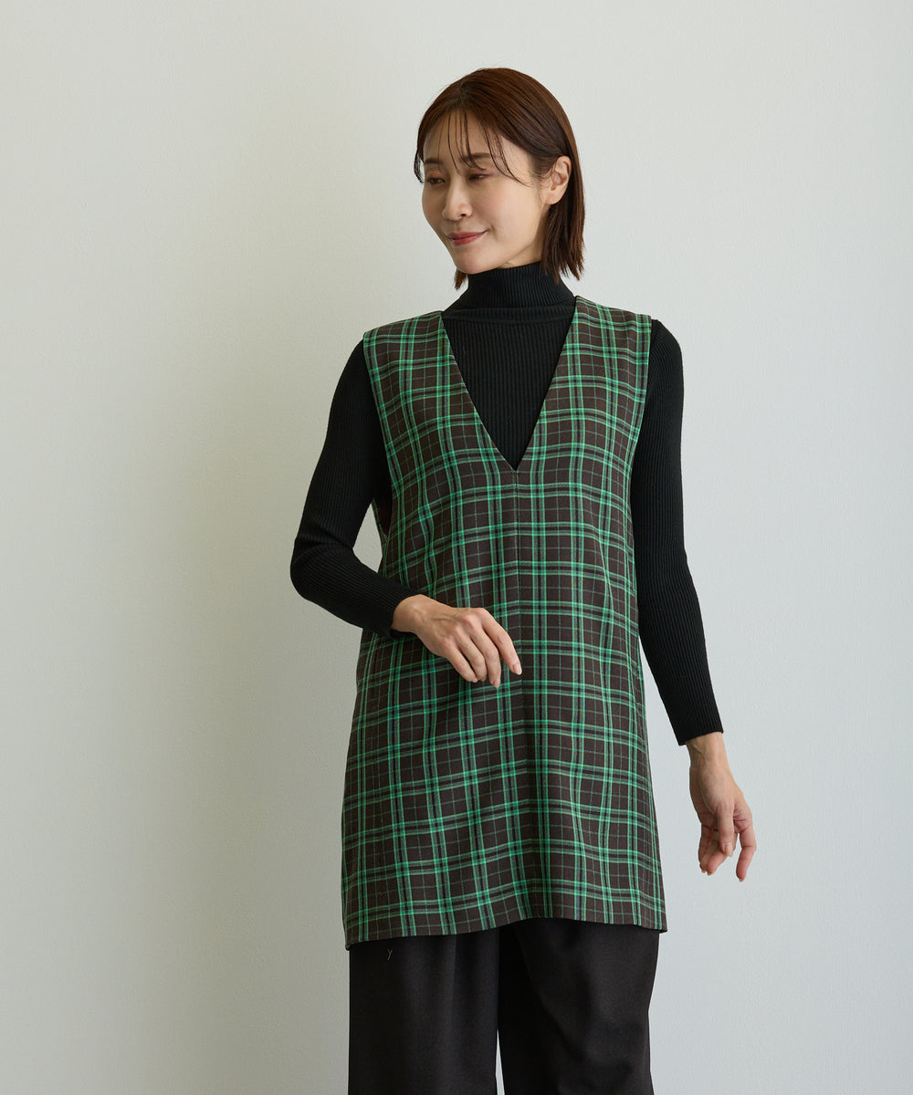 Vネックチェックミニワンピース/ブラウン×グリーン【日本製