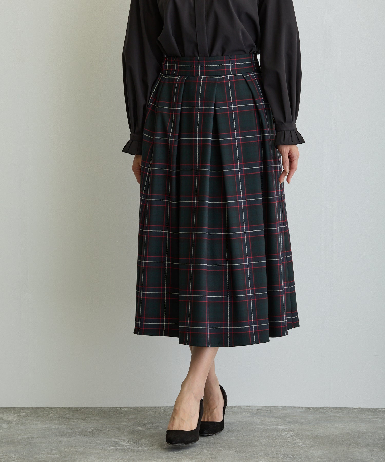 タックフレアチェックスカート/ブラックウォッチ×レッドライン【日本製