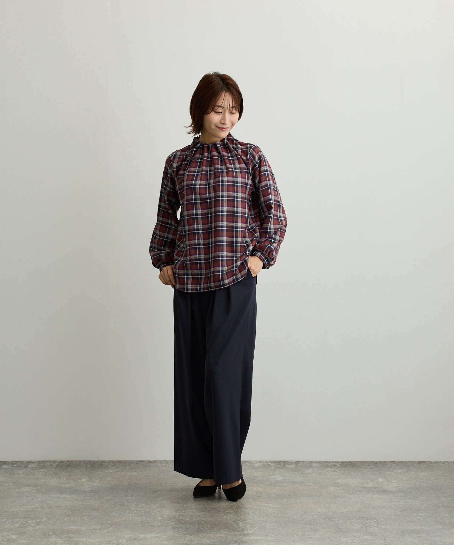 チェックハイネックゴムギャザーブラウス【日本製】