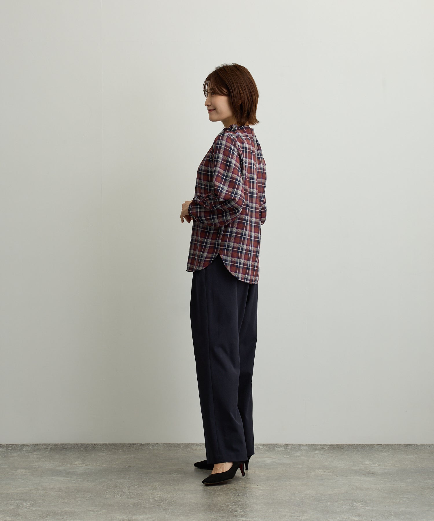 チェックハイネックゴムギャザーブラウス【日本製】