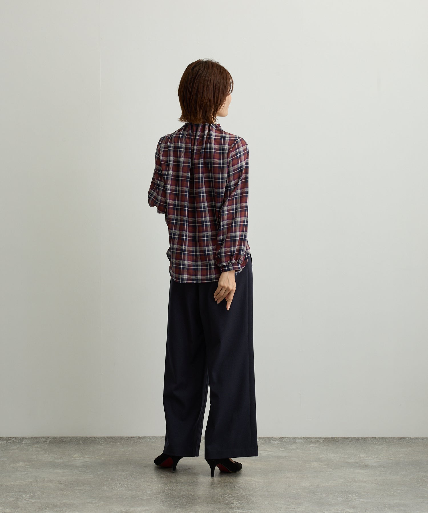 チェックハイネックゴムギャザーブラウス【日本製】