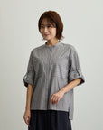 ストライプ胸ポケットバンドカラーシャツ【日本製】