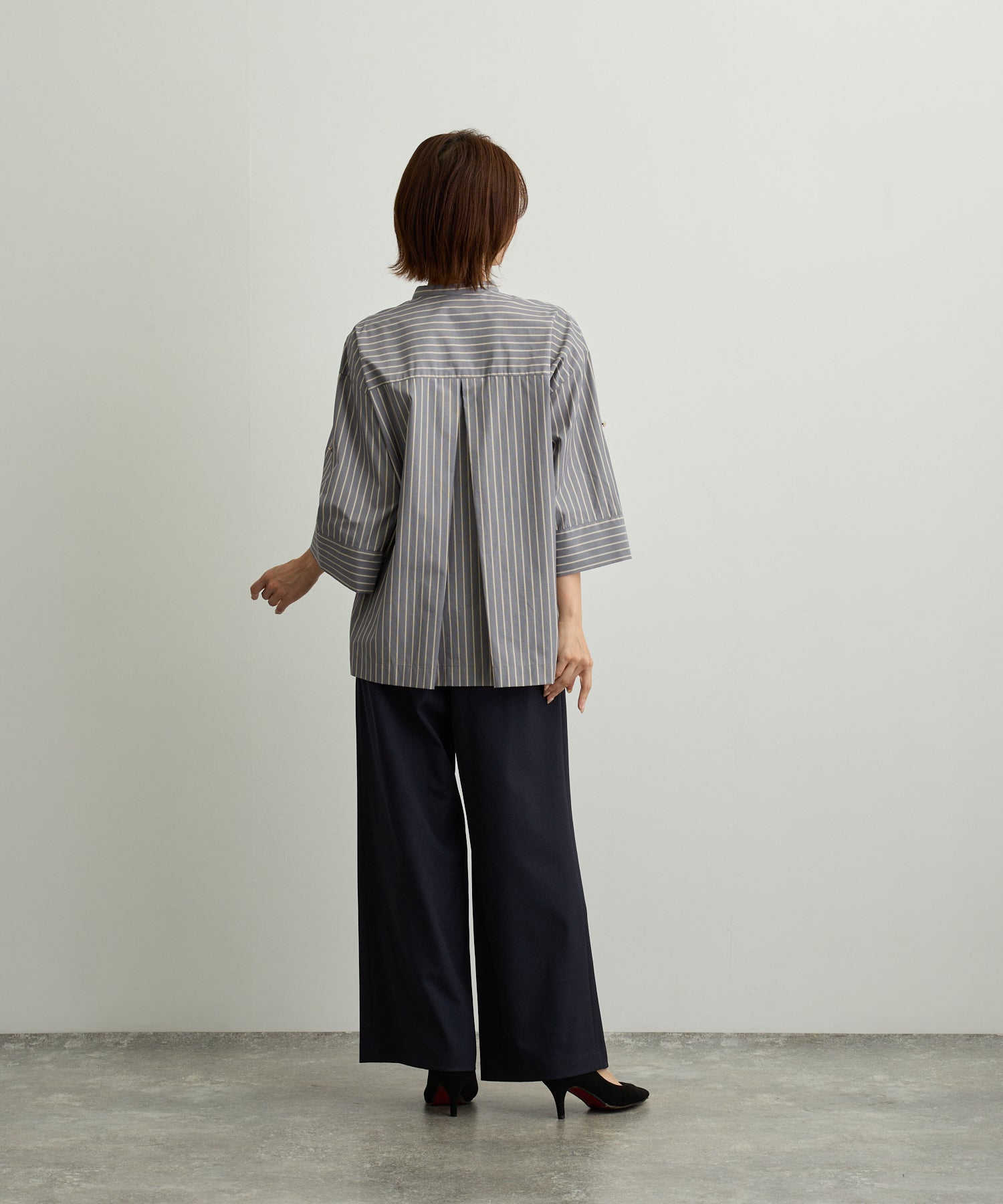 ストライプ胸ポケットバンドカラーシャツ【日本製】