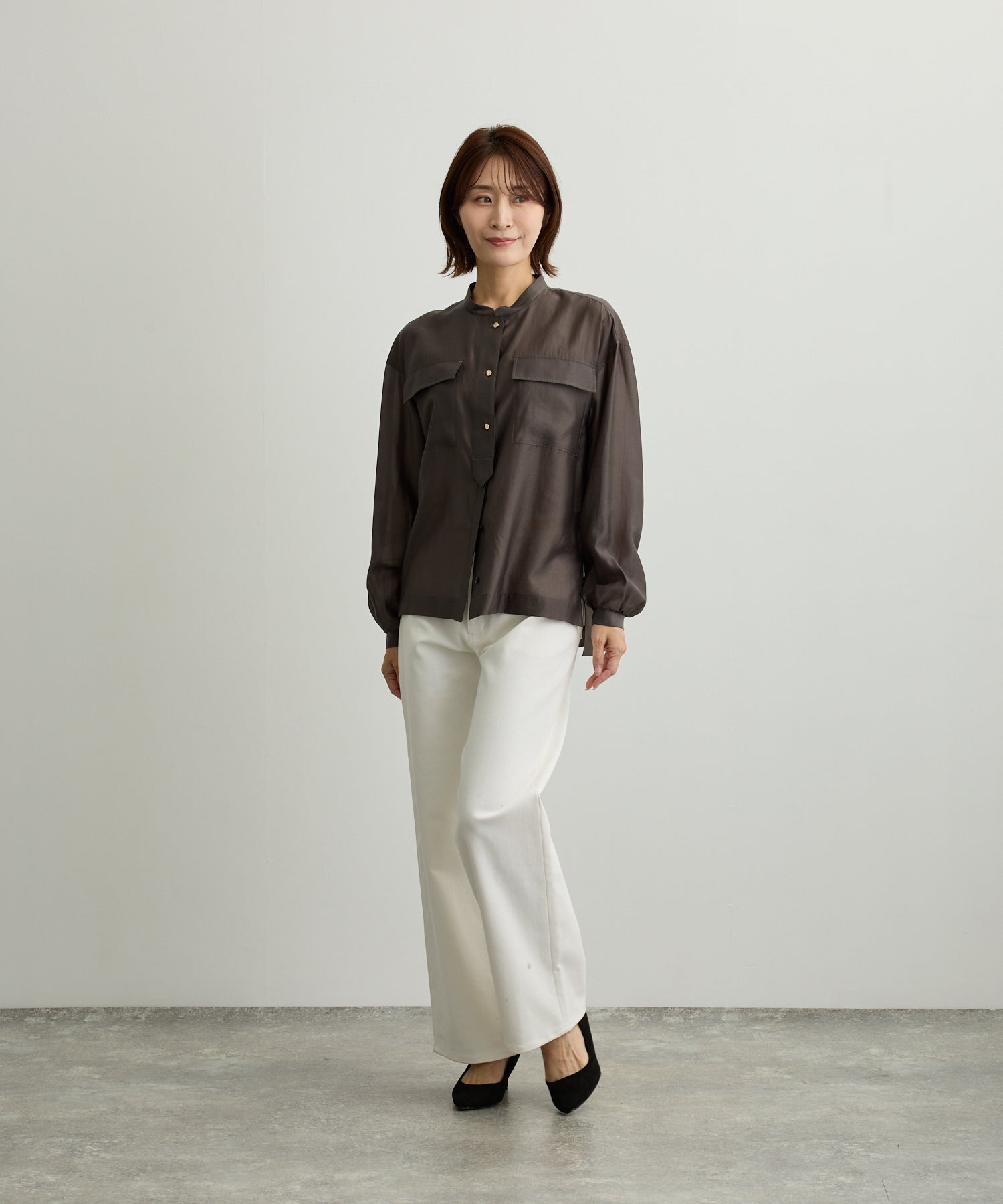 胸ポケットブルゾン風シアーシャツ【日本製】