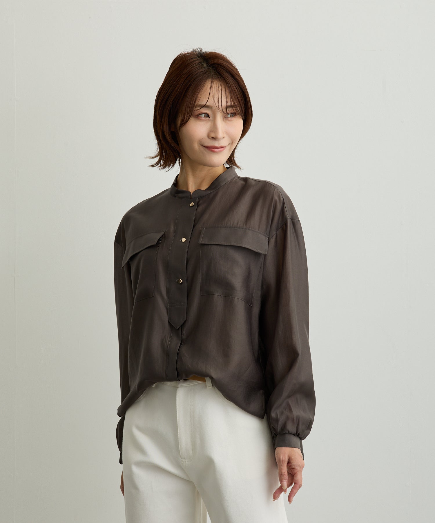 胸ポケットブルゾン風シアーシャツ【日本製】