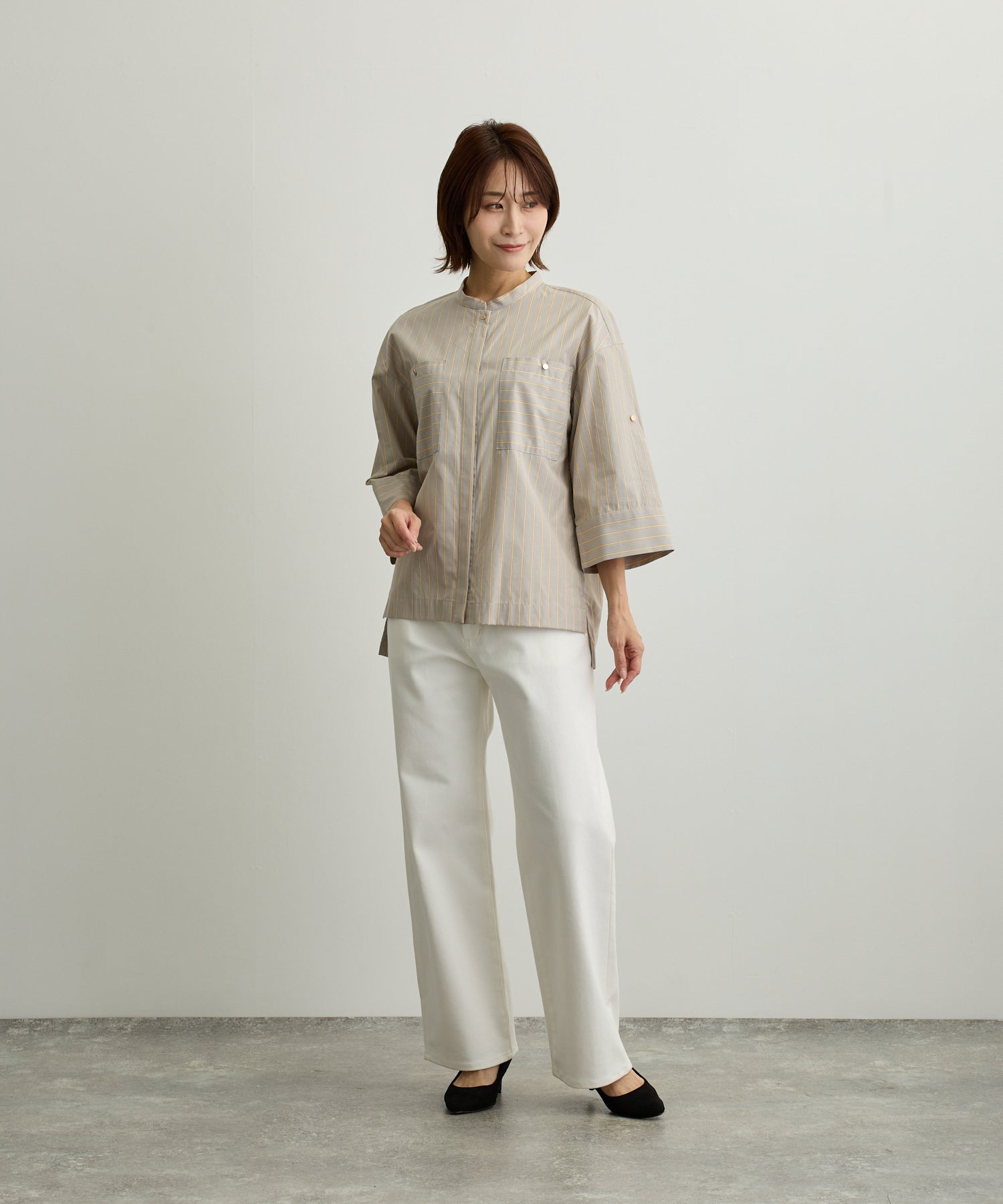 ストライプ胸ポケットバンドカラーシャツ【日本製】 – Ifemelu