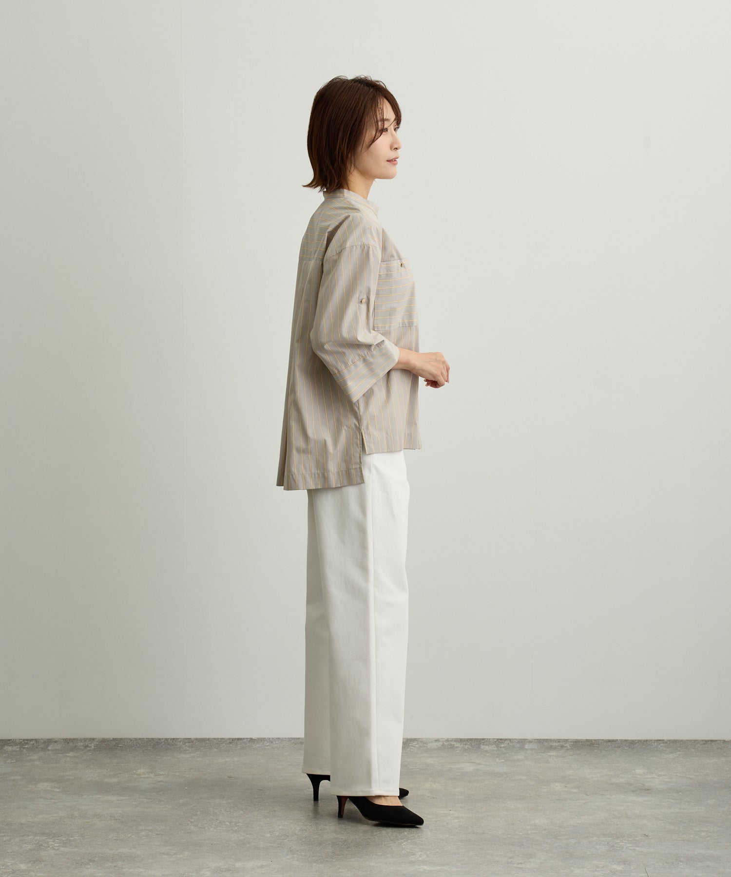 ストライプ胸ポケットバンドカラーシャツ【日本製】