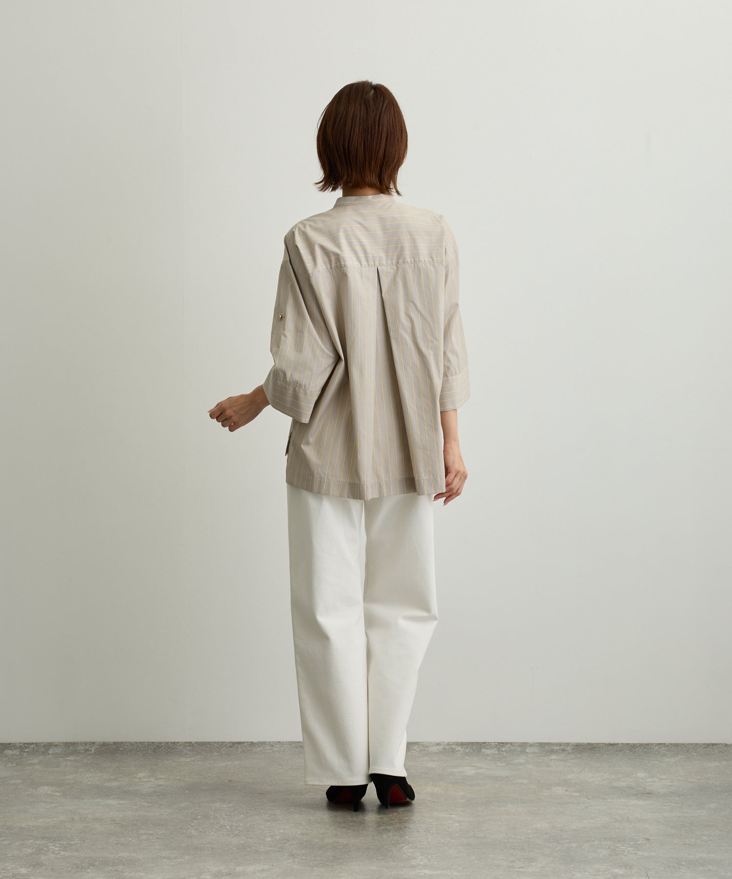 ストライプ胸ポケットバンドカラーシャツ【日本製】