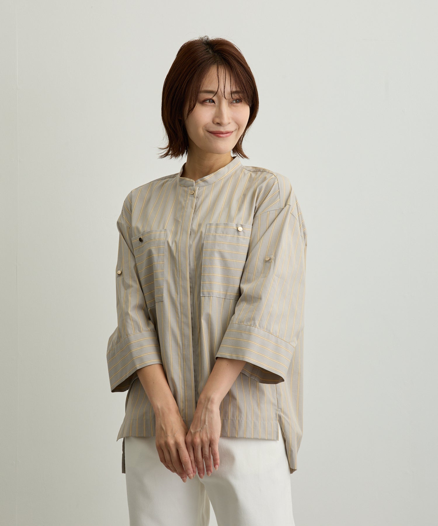 ストライプ胸ポケットバンドカラーシャツ【日本製】 – Ifemelu