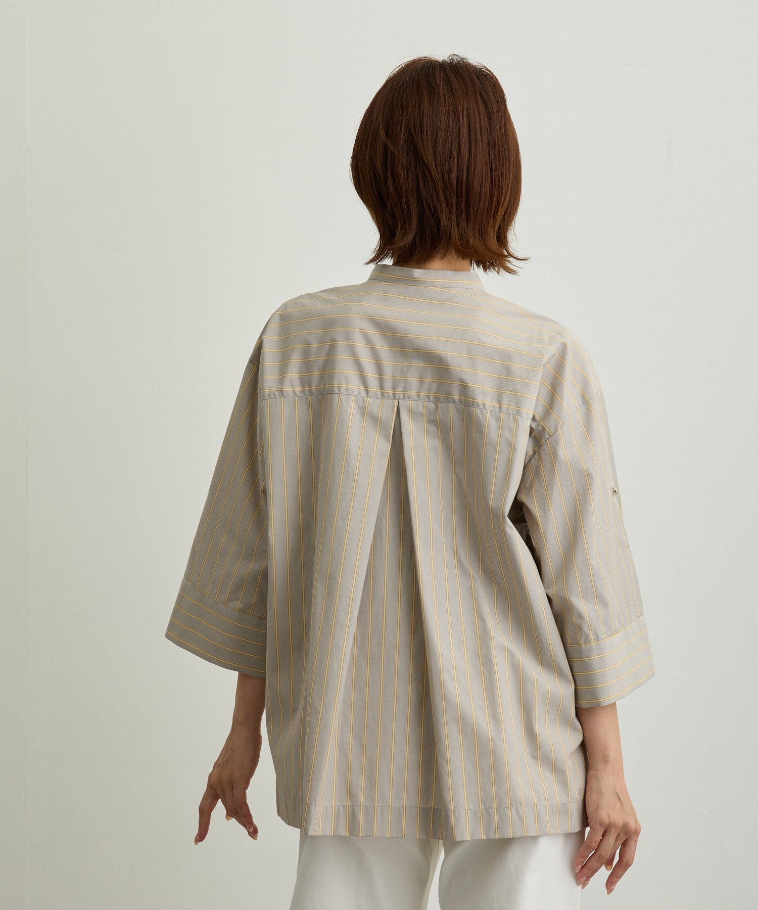 ストライプ胸ポケットバンドカラーシャツ【日本製】