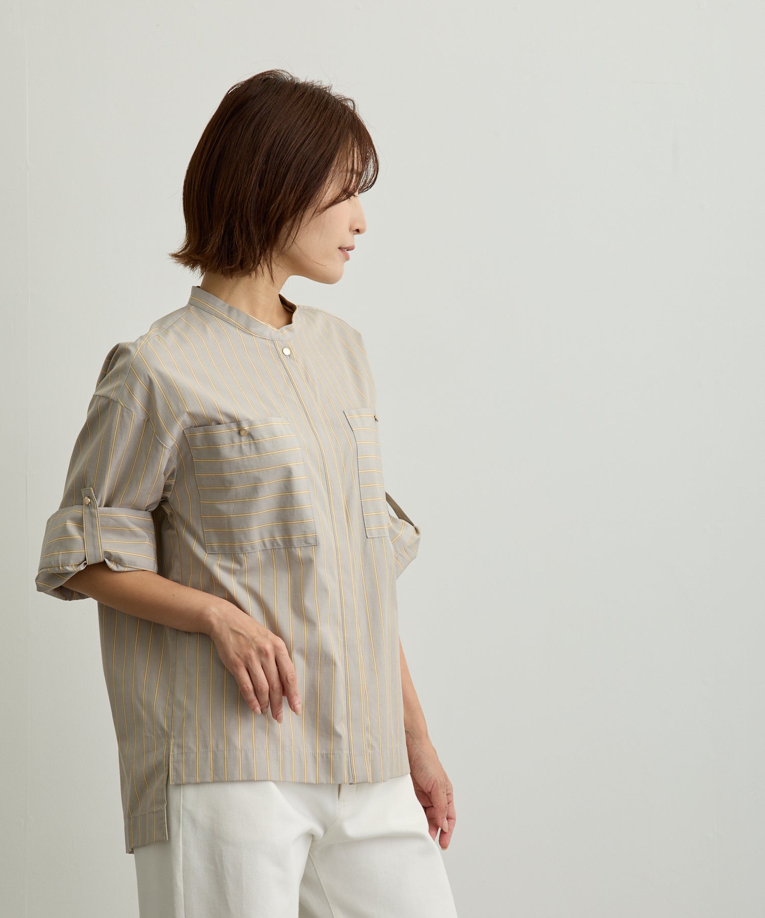 ストライプ胸ポケットバンドカラーシャツ【日本製】