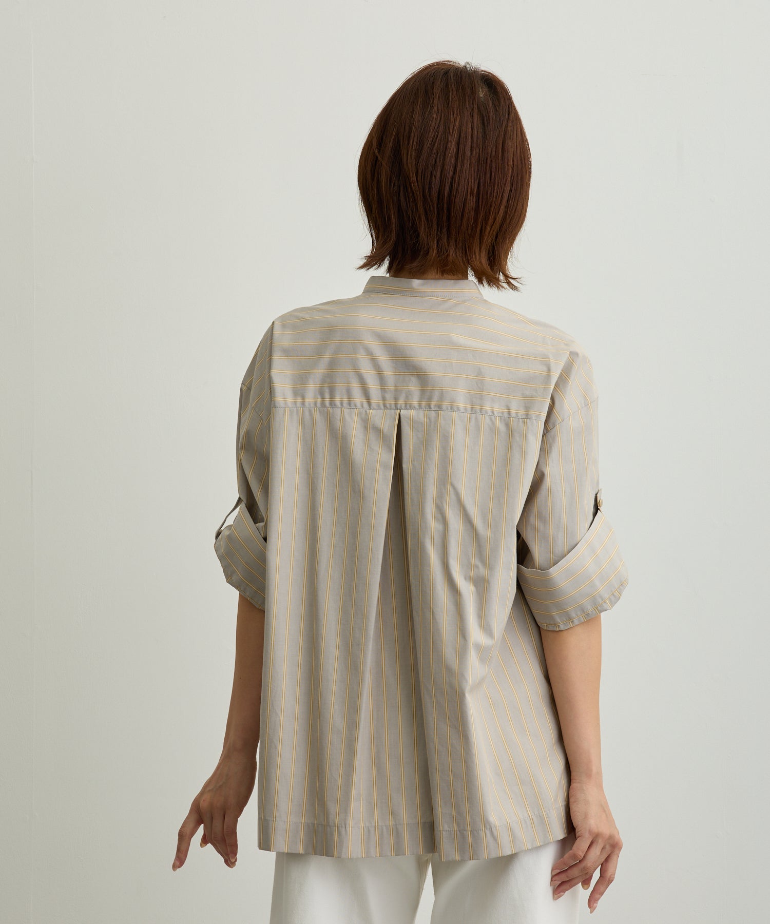 ストライプ胸ポケットバンドカラーシャツ【日本製】