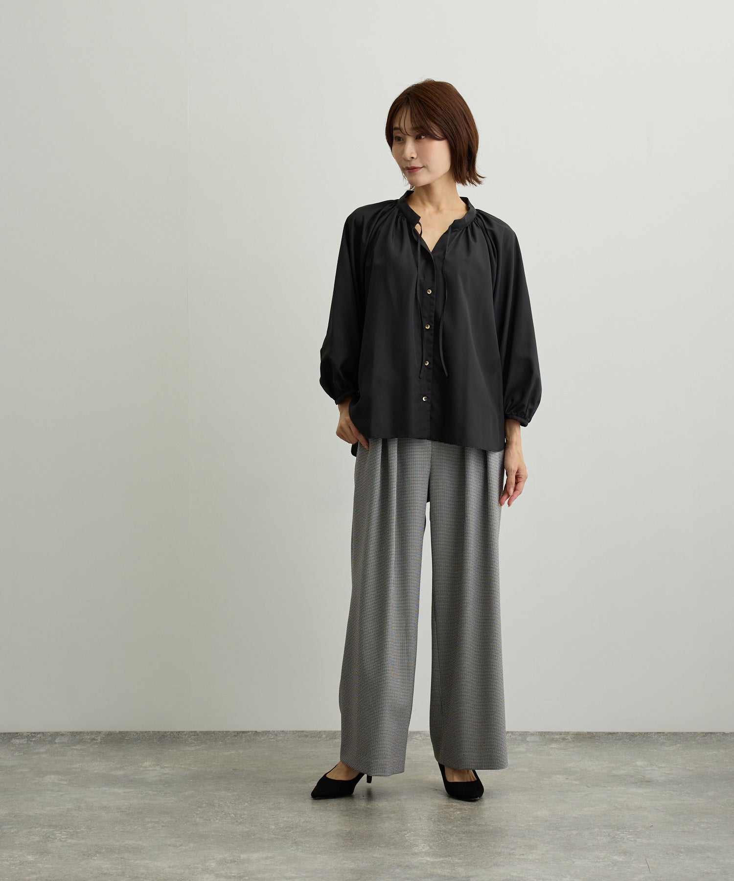 ラグランギャザーフロントリボンブラウス【日本製】