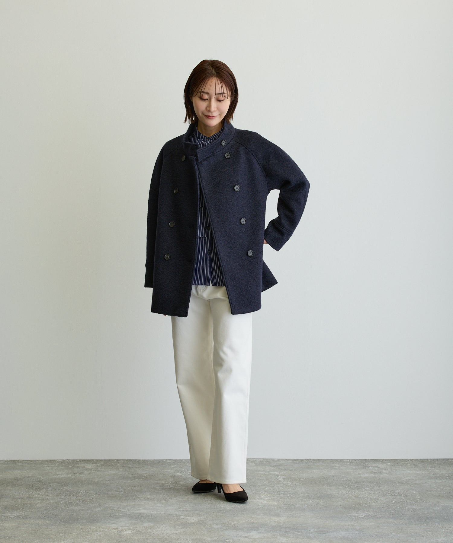 JULY NINEスタンドカラー　ハーフコート　ネイビー july nine スタンドカラー ハーフコート ネイビー - メルカリ