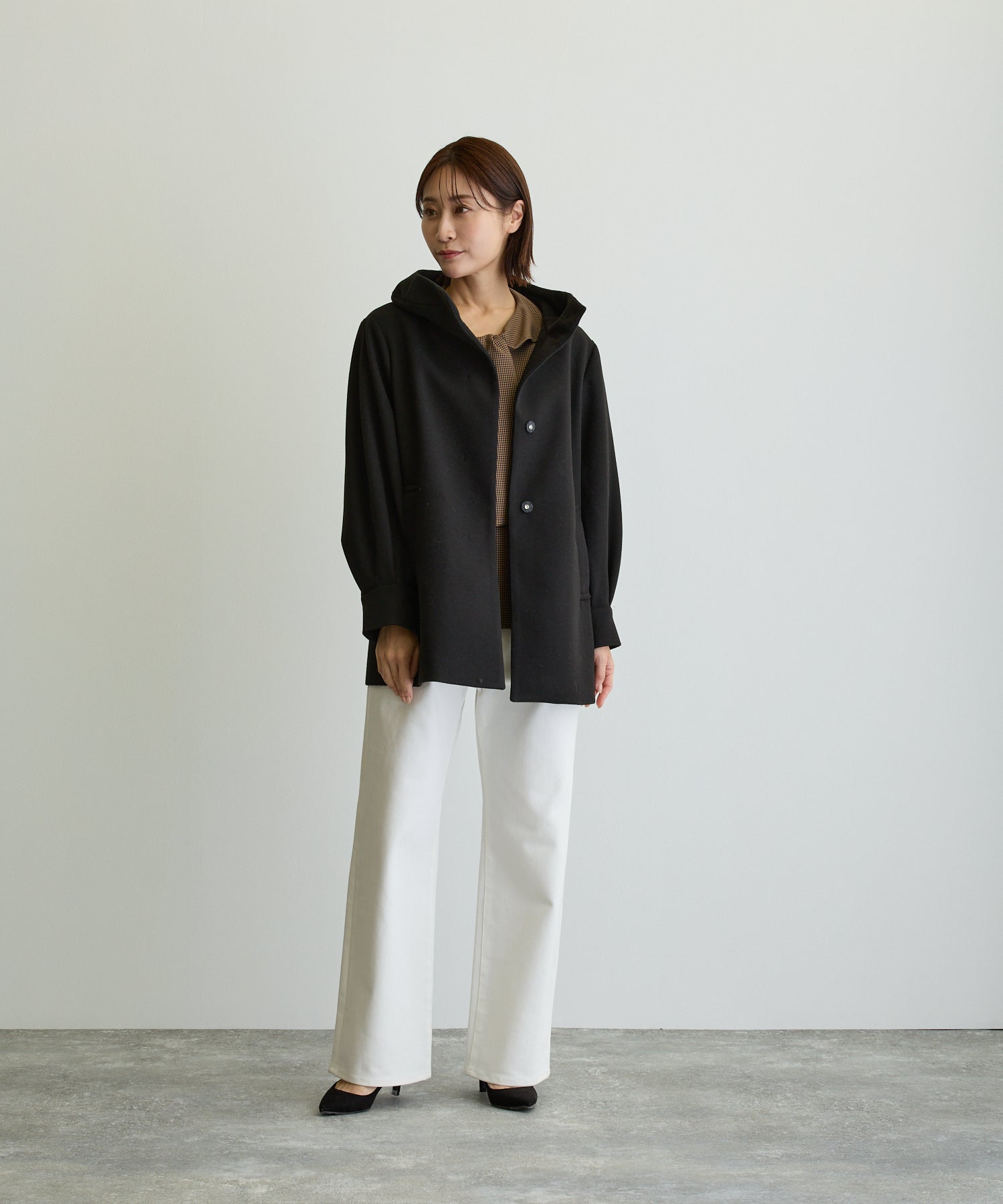 デザイン立体スタンドカラーミドルコート/ブラック【日本製