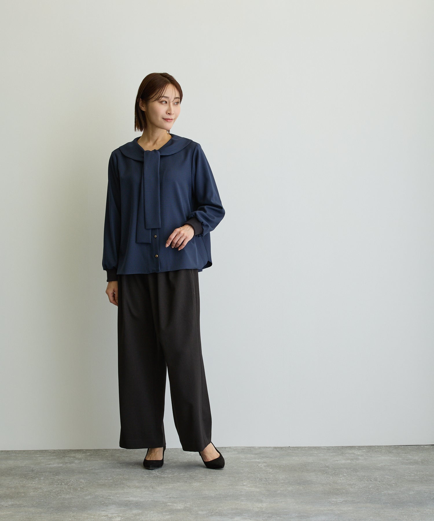 ガンクラブチェックボウタイブラウス/ネイビー【日本製】