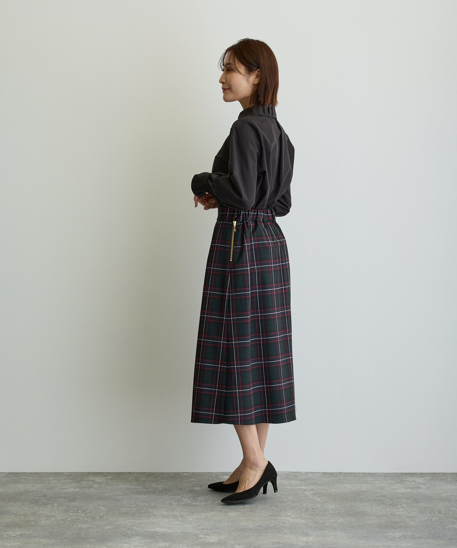 タックフレアチェックスカート/ブラックウォッチ×レッドライン【日本製
