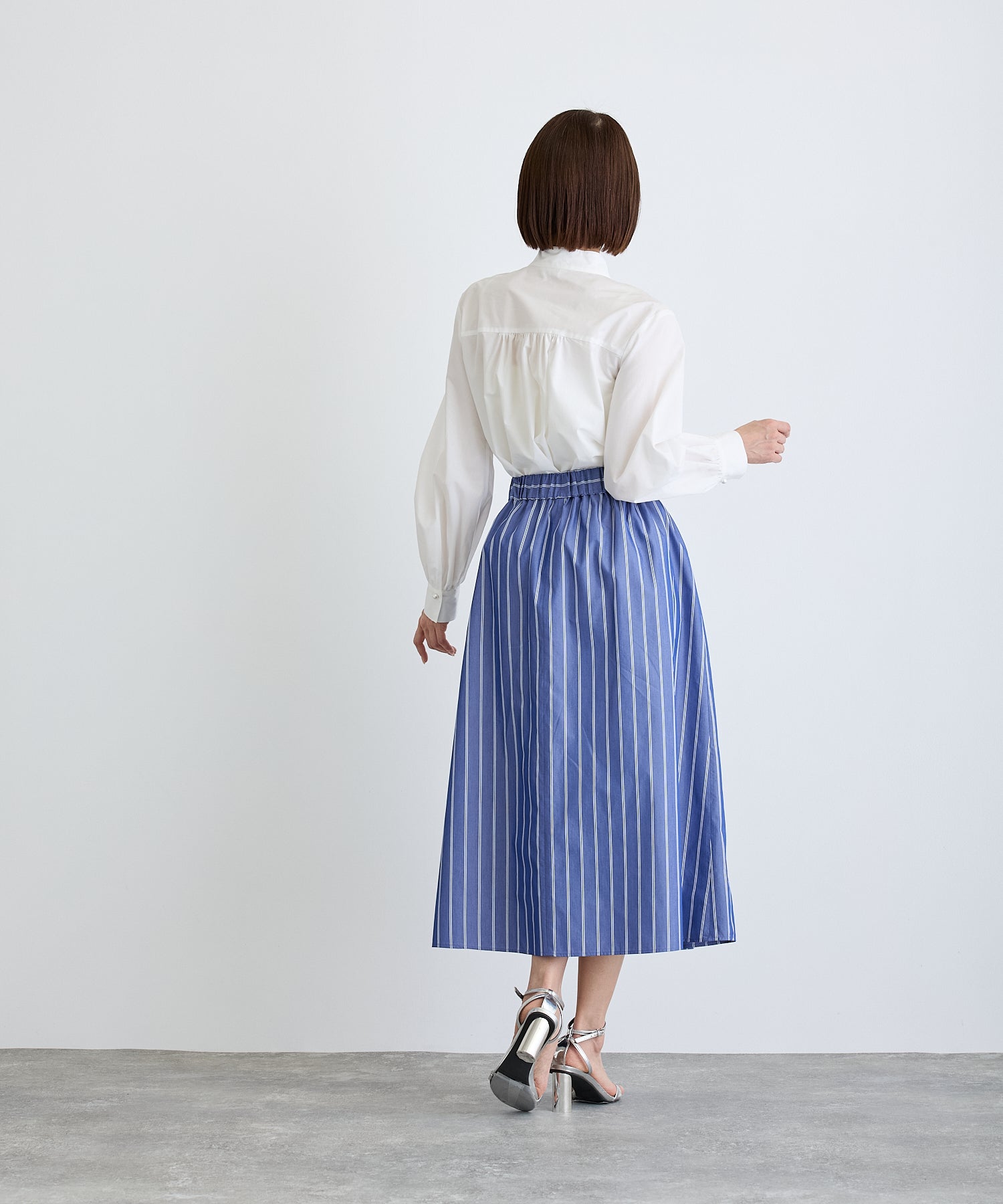 久留米絣 ネイビー ストライプ フレアスカート UNTITLED（アンタイトル） スカート キュプラ混ストライプフレア