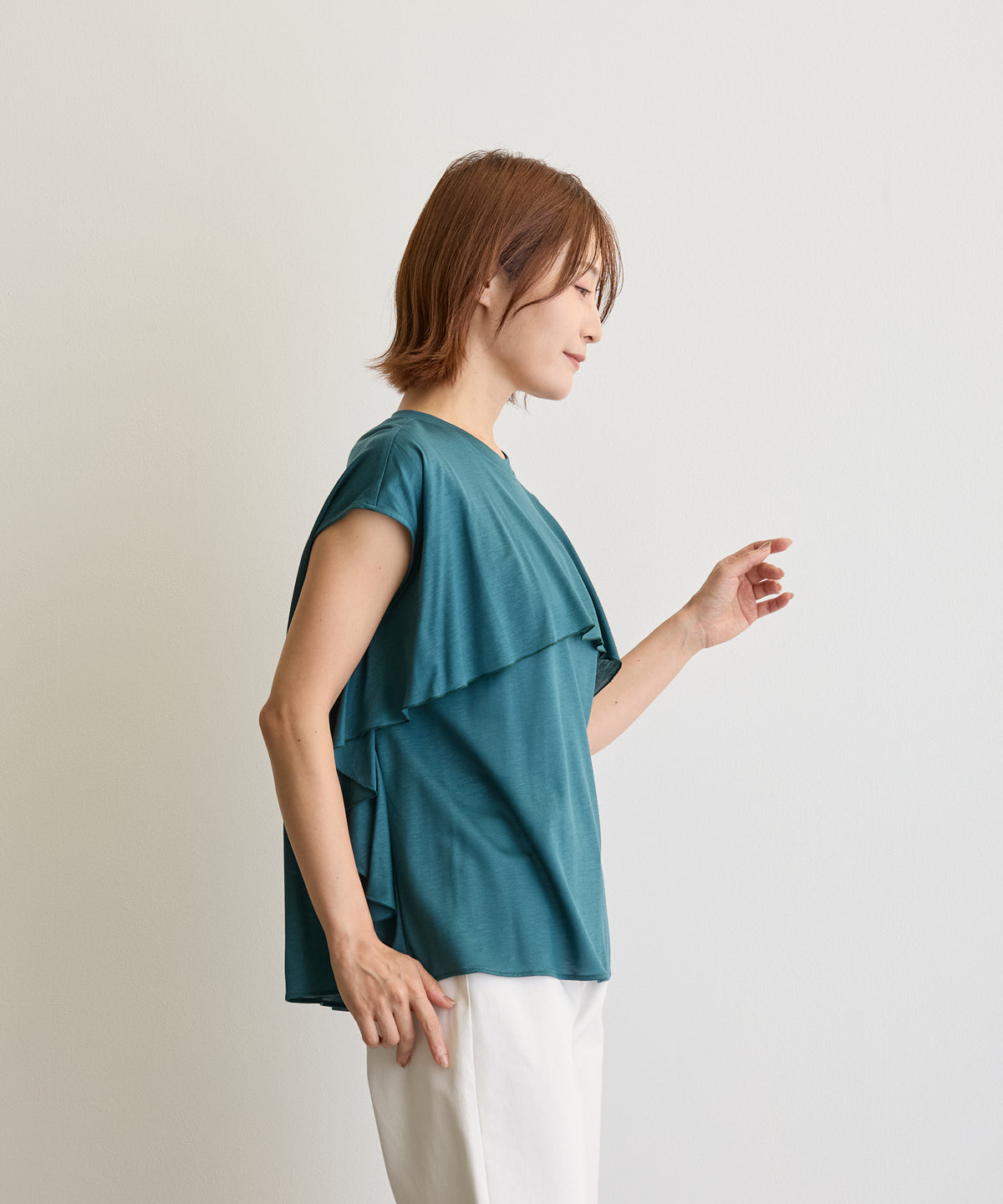 ケープ風ラッフルフレンチ袖カットソー/グリーン【日本製】